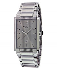 Announces your arrival with this sleek industrial design by Kenneth Cole New York. Watch crafted from stainless steel bracelet and rectangular case. Gray sunray dial with vertically lined pattern features stick indices, numerals at twelve and three o'clock, date window at three o'clock and logo. Quartz movement. Water resistant to 30 meters. Limited lifetime warranty.