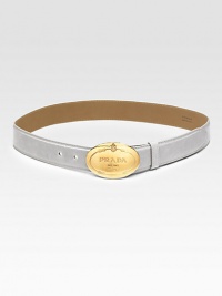 Shiny calfskin with goldtone historical logo buckle. Width, about 1¼ Made in Italy