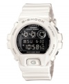 Dress up your G-Shock style with this bold, mirrored face. Metallic white resin strap and round case. Shock-resistant and mirrored black negative display digital dial features EL backlight, flash alert, multi-function alarm, stopwatch, countdown timer and 12/24-hour formats. Digital movement. Water resistant to 200 meters. One-year limited warranty.