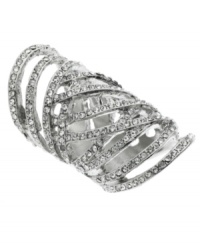 Dress your hands in elegance. An intricate open work design perfectly accents shimmering glass accents on this long stretch ring from GUESS. Set in silver tone mixed metal. Size 8.