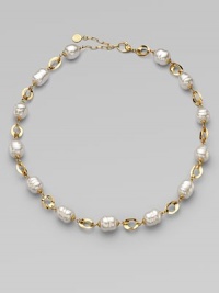 This unique and chic design of baroque pearls and three dimensional 18k gold oval links is simply stunning.12mm baroque white organic man-made pearls18k goldplated sterling silverLength, about 16 to 18 adjustableLobster clasp closureImported 