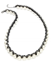 A polished look with added edge, by Bar III. Strands of plastic pearls are embellished with chiffon and crystal sparkle. Crafted in hematite tone mixed metal. Approximate length: 23 inches + 2-inch extender.