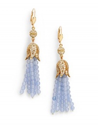 THE LOOKFeminine Metals collectionRhinestone ball and flower detailAquamarine-colored tassel accent14k goldplated settingLatch back closureTHE MEASUREMENTLength, about 3ORIGINImported