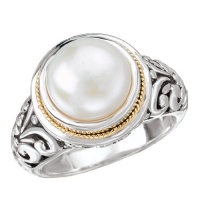 925 Silver & Mabe Pearl Filigree Ring with 18k Gold Accents- Sizes 6-8