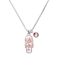 Pearl Pink Open Plumeria Flower Flip Flop Charm Necklace with Light Pink Crystal Drop