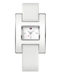 Iconic Tommy Hilfiger style marks this unique twist on a white-on-white watch. White leather strap and large rectangular stainless steel case with white enamel. White dial features silver stick indices at three, six and nine o'clock, three hands and iconic flag logo at twelve o'clock. Quartz movement. Water resistant to 30 meters. Ten-year limited warranty.