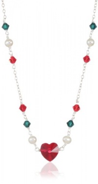 Swarovski Elements Red Heart and Red and Green Bicone with White Freshwater Pearls on Sterling Silver Chain Necklace, 18