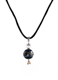 Necklace - N245 - Round Shape Murano Style Glass with Swarovski Crystal Dangles ~ Black and Copper Stripe