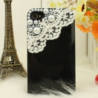 3d Bling Crystal Iphone Case for At&t Verizon Sprint Iphone 4/4s Pearls and Lace - Black