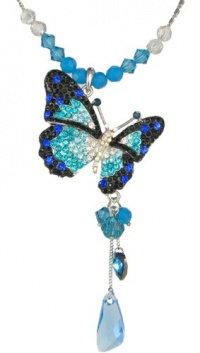 Wing Drop Butterfly Swarovski Elements Crystal Necklace W. 18k White Gold Plated Long Chain (Green and Blue)