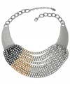 Painted color adds an artistic quality to this industrious bib necklace from GUESS. The silver tone chain bib features hematite and gold tone accents. Crafted in silver tone mixed metal. Approximate length: 15 inches + 2-inch extender.