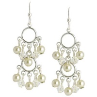 Silver Tone Faux Pearl Twin Hoop Mini Chandelier Earrings