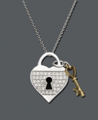 A perfect blend of silver and gold, this heart lock and key pendant is sure to melt her heart. Necklace features an 18k gold key charm and a sterling silver and round-cut diamond (1/5 ct. t.w.) encrusted heart lock. Approximate length: 18 inches.  Approximate drop: 7/8 inch.