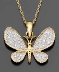 Beautiful and graceful, this diamond butterfly necklace features round-cut diamond (1/10 ct. t.w.) set in 14k white and yellow gold. Approximate length: 18 inches. Approximate drop: 1/2 inch.