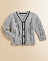 Crafted in ultra-soft cotton, a classic button-down cable knit is given a handsome update in a striped varsity design.V-neckLong sleevesButton-frontRibbed cuffs and hemCottonMachine washImported Please note: Number of buttons may vary depending on size ordered. 