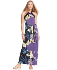 A tropical floral print makes a festive summer statement on this T Tahari maxi dress -- perfect for warm-weather getaways!