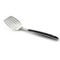 Crafted from stainless steel with heat-resistant soft-touch silicone accents, this Calphalon turner is comfortable where it should be: in the handle, and the flexible head will slide easily under food. Their long handles and generous size make maneuvering in the kitchen faster and safer. All edges are tapered for easy turning.