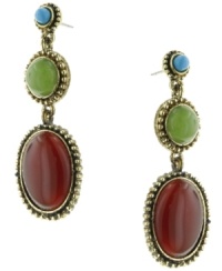 Tri-color jewels. 2028's gold-tone post earrings feature turquoise, carnelian and jade acrylic cabochon stones in increasing sizes. Approximate drop: 1-1/4 inches.