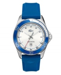 Bright, ocean blue pops on this athletic Sport Navigator watch by Lacoste. Ribbed blue rubber strap and round stainless steel case with blue aluminum bezel. White dial features silver tone stick indices, minute track, blue ring, date window at six o'clock, text logo, iconic crocodile logo and three hands. Quartz movement. Water resistant to 50 meters. Two-year limited warranty.