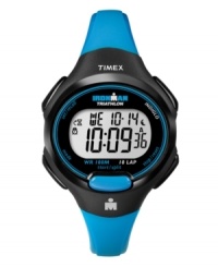 Get a boost of energy from the electric blue of this digital Ironman watch by Timex. Blue resin strap and round black resin case with logo at bezel. Positive display digital dial features day, date, time, 10-lap memory, chronograph, alarm and timer. Quartz movement. Water resistant to 100 meters. One-year limited warranty.