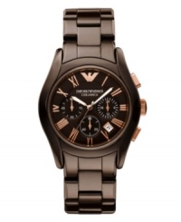 Guilty pleasure. Rich, dessert-worthy tones sweeten up this watch by Emporio Armani. Brown ceramic bracelet and round case. Brown chronograph dial features rose-gold tone Roman numerals, three subdials, date window, luminous hands and logo. Quartz movement. Water resistant to 30 meters. Two-year limited warranty.