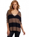 Minnie Rose Women's 100% Cashmere Stripe Pow Wow Top, Brown Sugar/Midnight Rider, Petite/Small