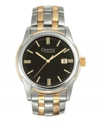 Caravelle by Bulova modernizes a classic watch with a sleek, black dial. Stainless steel bracelet with gold-plated center links and round case. Black dial features gold tone stick indices, minute track, date window at three o'clock, gold tone hour and minute hands, sweeping second hand and logo. Quartz movement. Water resistant to 30 meters. Two-year limited warranty.