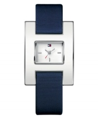 Crisp Americana style. Watch by Tommy Hilfiger crafted of blue grosgrain ribbon strap and rectangular stainless steel case with white enamel bezel. White dial features silver tone stick indices at three, six and nine o'clock, three hands and iconic flag logo at twelve o'clock. Quartz movement. Water resistant to 30 meters. Ten-year limited warranty.