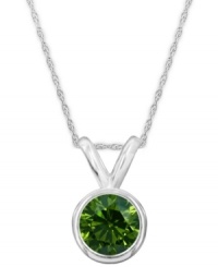 Burst onto the style scene. A round-cut, bezel-set green diamond (1/2 ct. t.w.) shines in a luminous 14k white gold setting. Approximate length: 18 inches. Approximate drop: 3/8 inch.