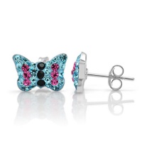 925 Sterling Silver Tiny Sparkling Aquamarine Blue Pink Black Pave Crystal Butterfly Post Stud Earrings 8 mm Fashion Jewelry for Women, Teens, Girls - Nickel Free