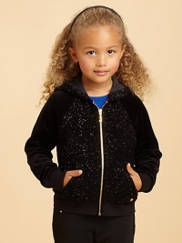 Add a little sparkle to playtime with shimmering specks on the front, back and hood of this cozy fleece hoodie.Attached hoodZip front with J pullLong plain sleeves with ribbed cuffsRibbed waistAngled front pocketsJuicy heart charm near hemCotton jersey liningPolyesterHand washImported