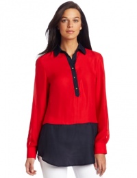 AK Anne Klein Women's Petite Color Block Tunic Top, Red Poppy, Small