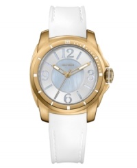 A casual timepiece with feminine grace and gentle details, by Tommy Hilfiger. Watch crafted of white silicone strap and round gold tone stainless steel case. Gold tone bezel features white stick markers. White dial features Arabic numerals at three, six, nine and twelve o'clock, stick indices, gold tone three hands and logo at twelve o'clock. Quartz movement. Water resistant to 30 meters. Ten-year limited warranty.