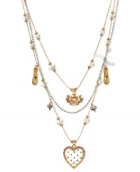 A heart in the right place. This three-row illusion necklace from Betsey Johnson is crafted from gold-tone and silver-tone mixed metal with colorful glass crystals and beads adorning it for a stylish touch. Approximate length: 16 inches + 3-inch extender. Approximate drop: 4 inches.