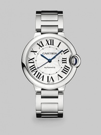 From the Ballon Bleu de Cartier Collection. This fresh timepiece from a legendary maker is a beautiful blend of classical shapes and futuristic details. Automatic movementWater resistant to 3 ATMRound stainless steel case, 36mm (1.4)Smooth bezelSilvered opaline and guilloché dialRoman numeral hour markersDate display at 6 o'clockSecond hand Stainless steel link braceletMade in Switzerland 