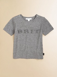 The bold Burberry Brit logo is splashed across the front of a heathery cotton tee, the embroidered letters with the sporty texture of woven rope.CrewneckShort sleevesPullover style with shoulder buttonsCottonMachine washImported