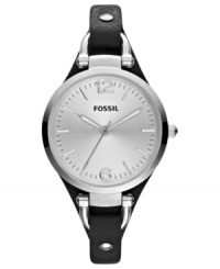 A thin leather strap holds a steel case on this unique Georgia collection watch by Fossil.