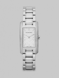 A chic style with an iconic check stamped dial. Quartz movementWater resistant to 3 ATMRectangular stainless steel case, 20mm (.78) X 26mm (1)Smooth bezelCheck stamped dialBar hour markersSecond hand Stainless steel link braceletMade in Switzerland 