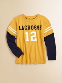 He'll be in the game in this sporty, layered-look, cotton tee with lacrosee detailing.CrewneckLong sleevesPullover styleCottonMachine washImported