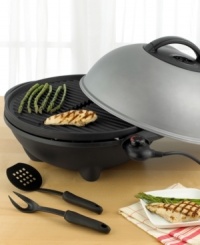 The heavyweight champion of George Foreman's outstanding line of grills, this large, versatile model can be used on a pedestal at your next outdoor BBQ or on any tabletop. As always, the raised ridges and famous sloping grate drain fat away from food for no-fuss low-fat cooking. One-year warranty. Model GGR50B.