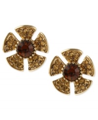 Pick these flower stud earrings from Betsey Johnson. Crafted from gold-tone mixed metal, the pair dazzles with topaz-colored glass crystal accents. Approximate drop: 5/8 inch.