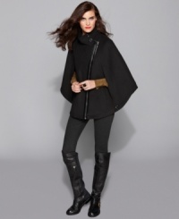 Chic and just a little bit daring, Via Spiga's patent-trimmed cape proves that you can keep warm in style.