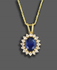 Cosmopolitan style with timeless appeal. This stunning Royalty Inspired by Effy Collection pendant features an oval-cut sapphire (2 ct. t.w.) and round-cut diamonds (3/8 ct. t.w.) set in 14k gold. Approximate length: 18 inches. Approximate drop: 3/4 inch.