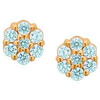 Aqua Cubic Zirconia Flower Cluster 14K Yellow Gold Screw Back Earrings