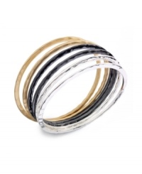 Quality and quantity: Combining shiny silver tone, matte gold tone and hematite tone mixed metals, Alfani's six piece bangle bracelet set is a versatile style for your wardrobe. Approximate diameter: 2-1/2 inches.