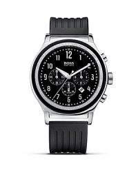 A classic sports style timepiece from HUGO BOSS with a tachymeter indicator on the bezel, black sunray brushed dial and textured soft silicone strap.