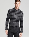 A tonal check and tailored fit bring enviable style to this Burberry London shirt in plush flannel.