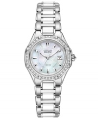 Sweet sophistication: this stunning timepiece from Citizen grabs attention with white ceramic and glistening diamonds. Powered by Eco-Drive, harnessing natural and artificial light, never needing a battery.