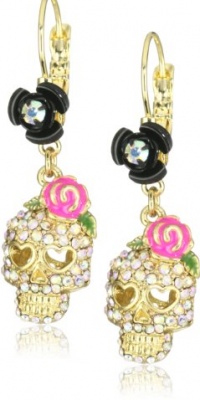 Betsey Johnson Gold-Tone Crystal Skull Pink Flower Drop Earrings