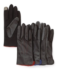 Both tech and style savvy, these Lauren Ralph Lauren gloves feature a knit palm with touch-screen compatible fingertips and a leather top with contrast stitching.